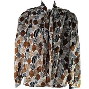 Vintage 80s Shirt Blouse Womens Size L Brown Secretary Pussy Bow